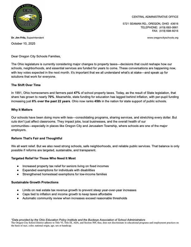 Letter to families regarding real estate legislation